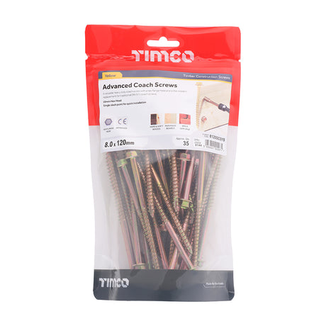 This is an image showing TIMCO Advanced Coach Screws - Hex Flange - Yellow - 8.0 x 120 - 35 Pieces TIMbag available from T.H Wiggans Ironmongery in Kendal, quick delivery at discounted prices.