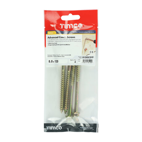 This is an image showing TIMCO Solo Coach Screws - Hex Flange - Yellow - 8.0 x 120 - 4 Pieces TIMpac available from T.H Wiggans Ironmongery in Kendal, quick delivery at discounted prices.