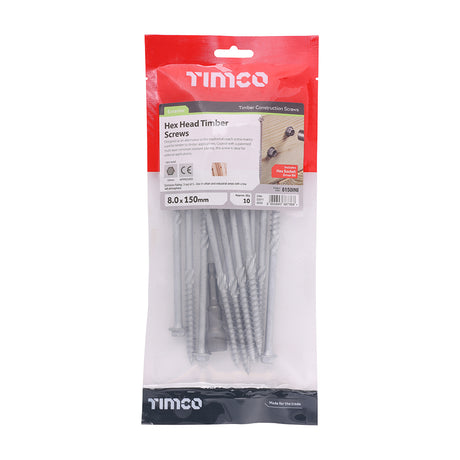 This is an image showing TIMCO Heavy Duty Timber Screws - Hex - Exterior - Silver - 8.0 x 150 - 10 Pieces TIMbag available from T.H Wiggans Ironmongery in Kendal, quick delivery at discounted prices.