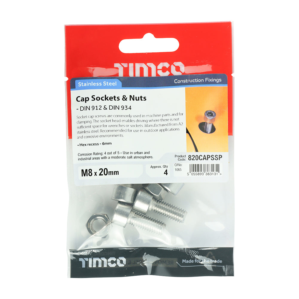 This is an image showing TIMCO Socket Screws & Hex Nuts - Cap - Stainless Steel - M8 x 20 - 4 Pieces TIMpac available from T.H Wiggans Ironmongery in Kendal, quick delivery at discounted prices.