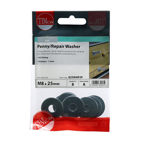 This is an image showing TIMCO Penny / Repair Washers - Zinc - M8 x 25 - 8 Pieces TIMpac available from T.H Wiggans Ironmongery in Kendal, quick delivery at discounted prices.