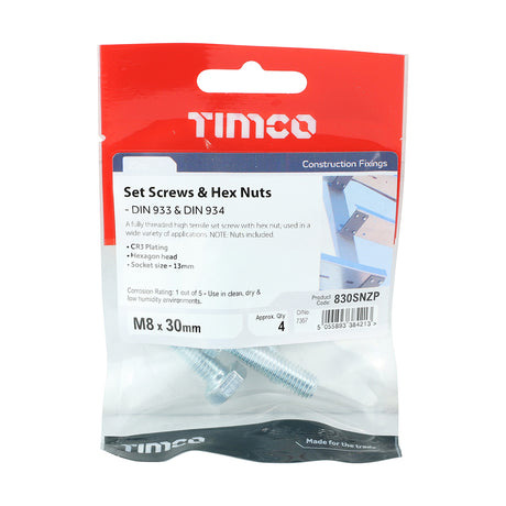 This is an image showing TIMCO Set Screws & Hex Nuts - Grade 8.8 - Zinc - M8 x 30 - 4 Pieces TIMpac available from T.H Wiggans Ironmongery in Kendal, quick delivery at discounted prices.