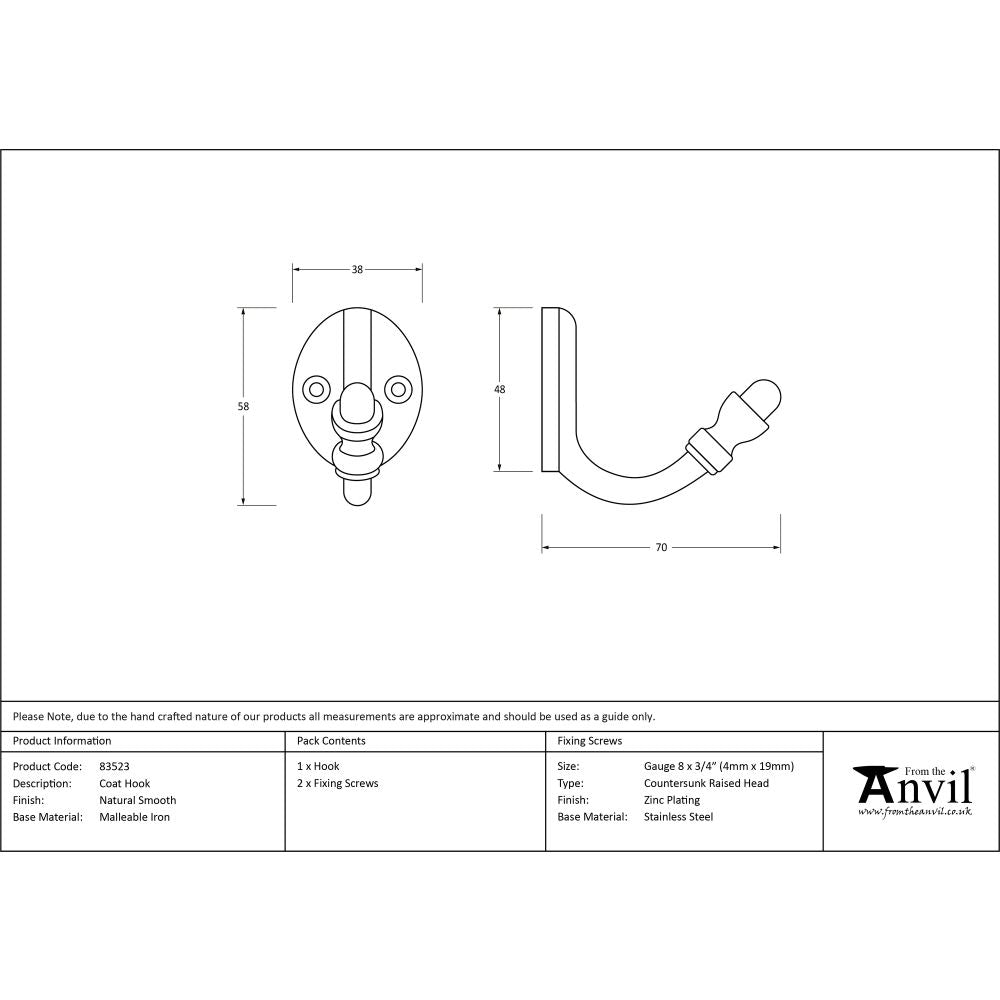 This is an image showing From The Anvil - Natural Smooth Coat Hook available from trade door handles, quick delivery and discounted prices