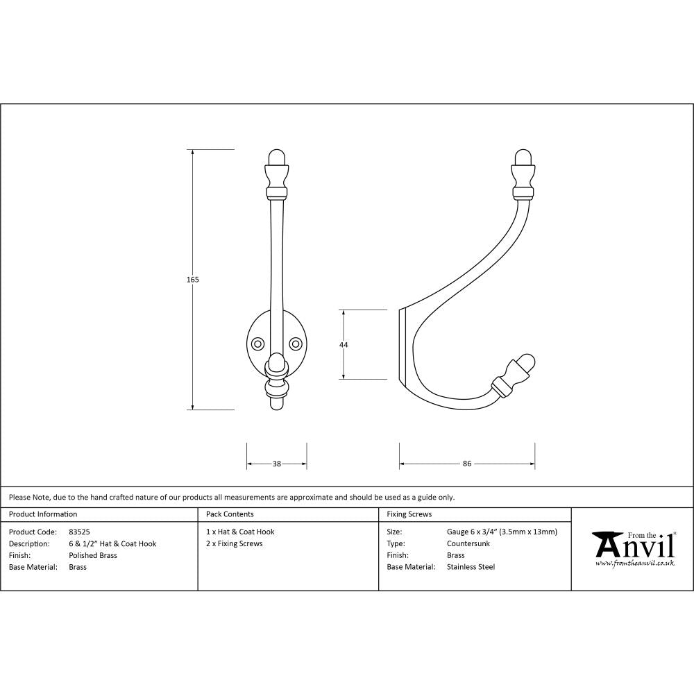 This is an image showing From The Anvil - Polished Brass 6 1/2" Hat & Coat Hook available from trade door handles, quick delivery and discounted prices