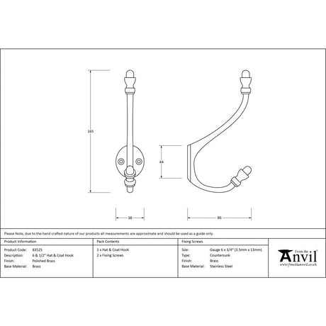 This is an image showing From The Anvil - Polished Brass 6 1/2" Hat & Coat Hook available from trade door handles, quick delivery and discounted prices