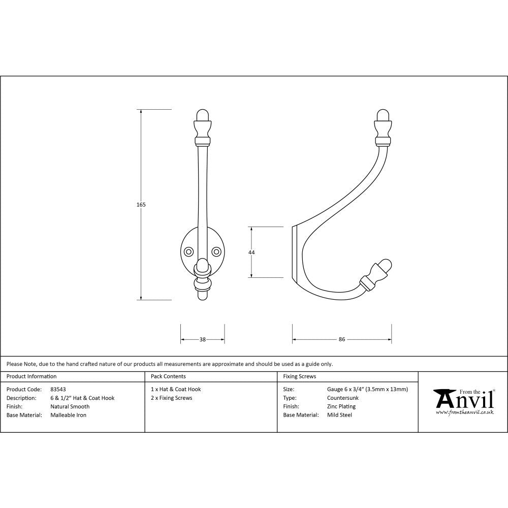 This is an image showing From The Anvil - Natural Smooth 6 1/2" Hat & Coat Hook available from trade door handles, quick delivery and discounted prices
