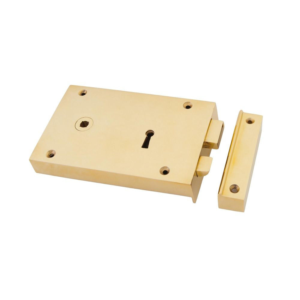 This is an image showing From The Anvil - Polished Brass Left Hand Rim Lock - Large available from T.H Wiggans Architectural Ironmongery in Kendal, quick delivery and discounted prices