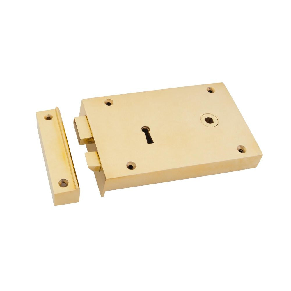 This is an image showing From The Anvil - Polished Brass Right Hand Rim Lock - Large available from T.H Wiggans Architectural Ironmongery in Kendal, quick delivery and discounted prices