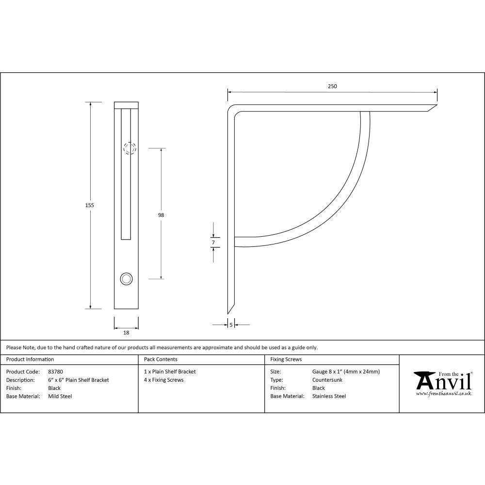 This is an image showing From The Anvil - Black 6'' x 6'' Plain Shelf Bracket available from trade door handles, quick delivery and discounted prices