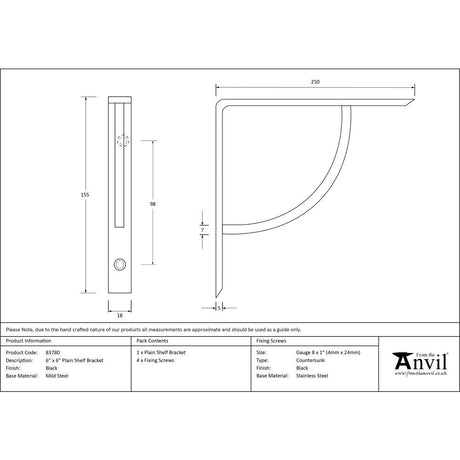 This is an image showing From The Anvil - Black 6'' x 6'' Plain Shelf Bracket available from trade door handles, quick delivery and discounted prices