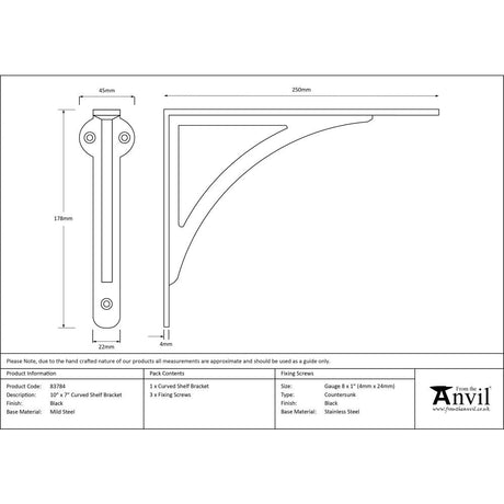 This is an image showing From The Anvil - Black 10'' x 7'' Curved Shelf Bracket available from trade door handles, quick delivery and discounted prices