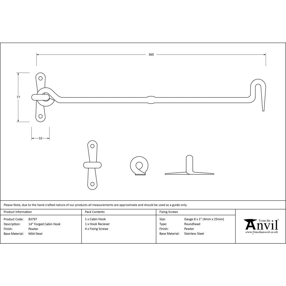 This is an image showing From The Anvil - Pewter 14" Forged Cabin Hook available from trade door handles, quick delivery and discounted prices
