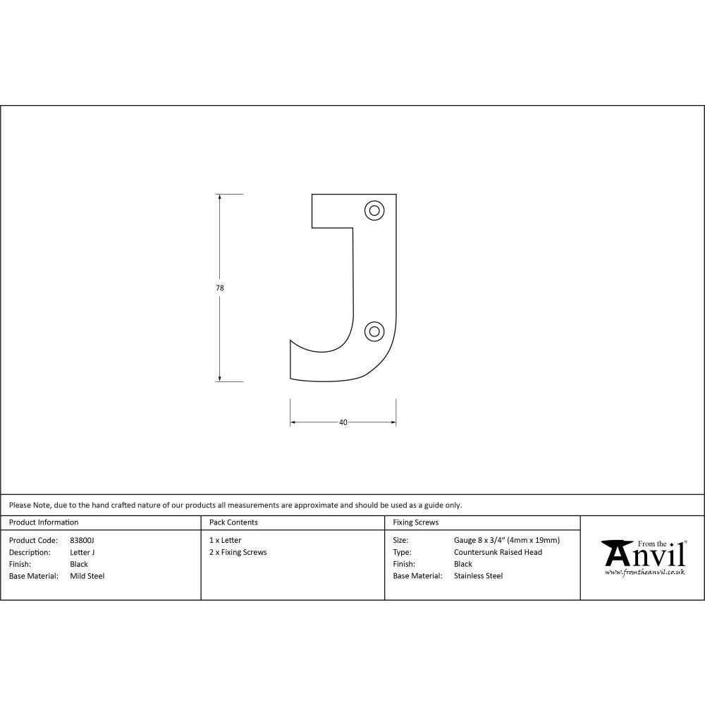 This is an image showing From The Anvil - Black Letter J available from trade door handles, quick delivery and discounted prices