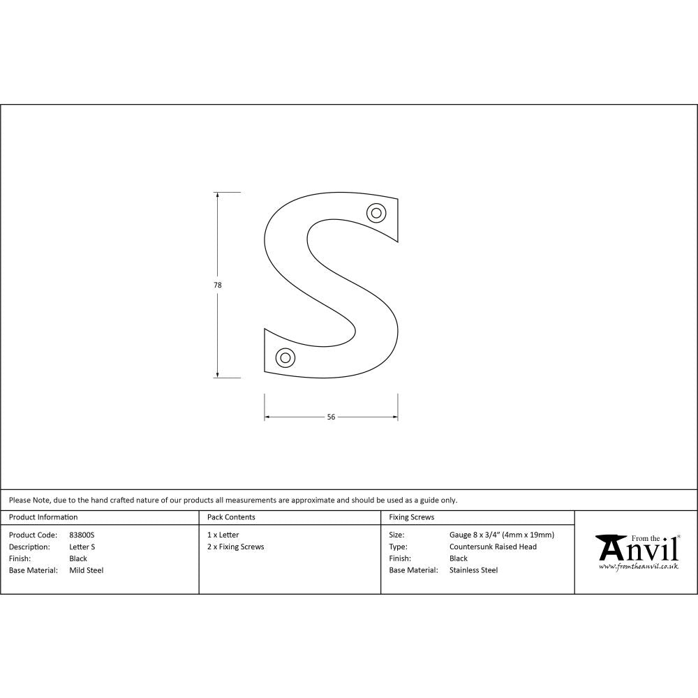 This is an image showing From The Anvil - Black Letter S available from trade door handles, quick delivery and discounted prices
