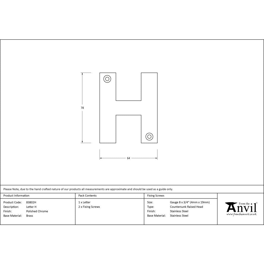 This is an image showing From The Anvil - Polished Chrome Letter H available from trade door handles, quick delivery and discounted prices