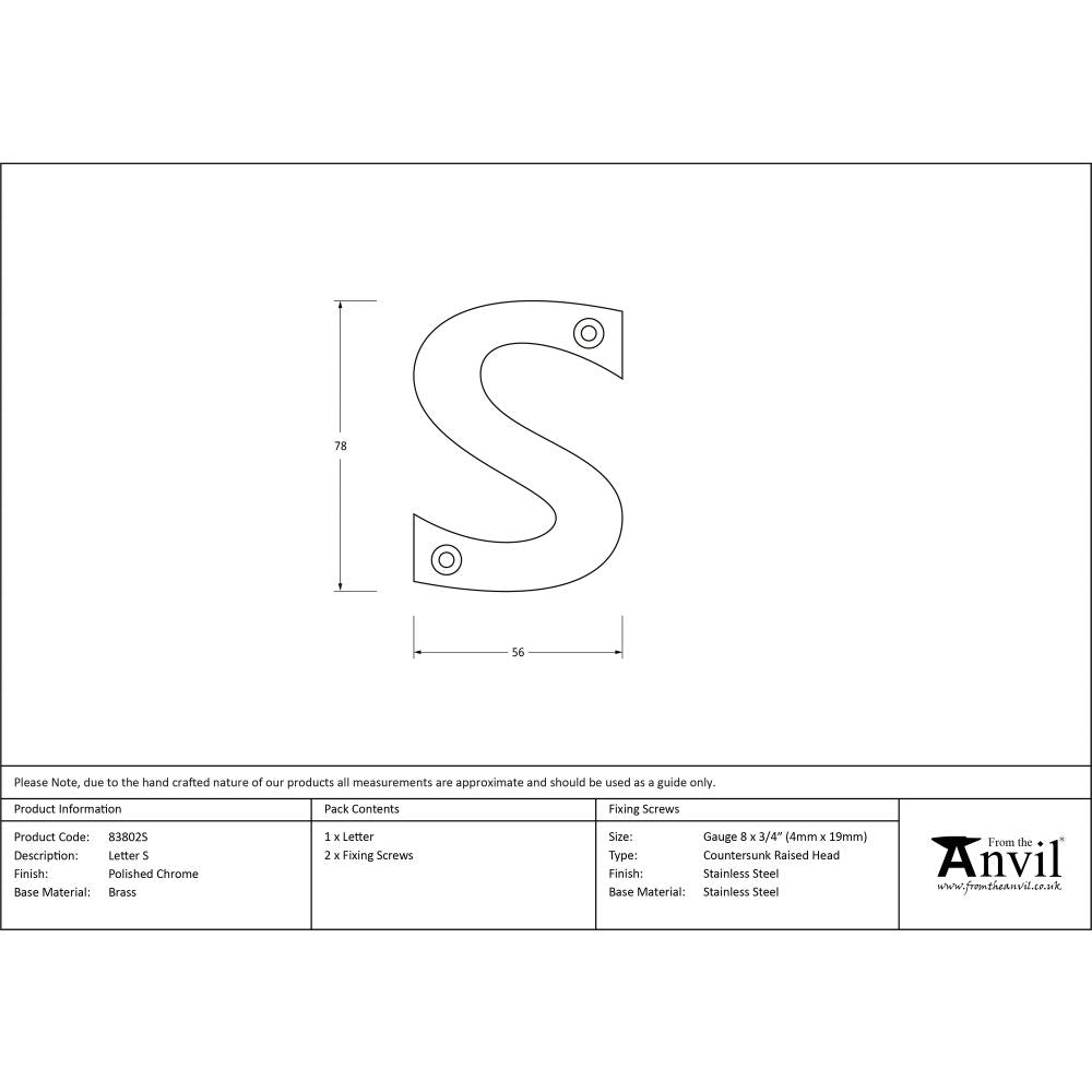 This is an image showing From The Anvil - Polished Chrome Letter S available from trade door handles, quick delivery and discounted prices
