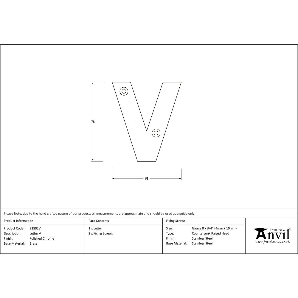 This is an image showing From The Anvil - Polished Chrome Letter V available from trade door handles, quick delivery and discounted prices