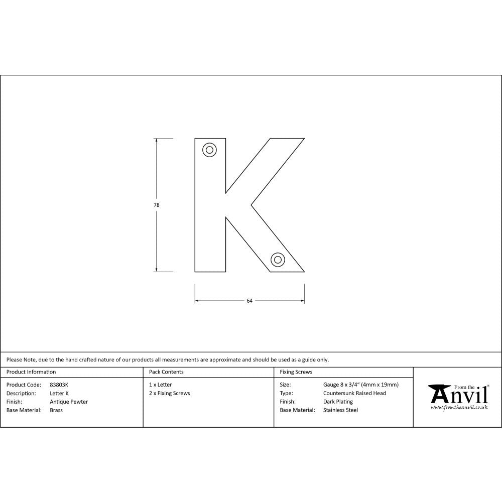 This is an image showing From The Anvil - Antique Pewter Letter K available from trade door handles, quick delivery and discounted prices