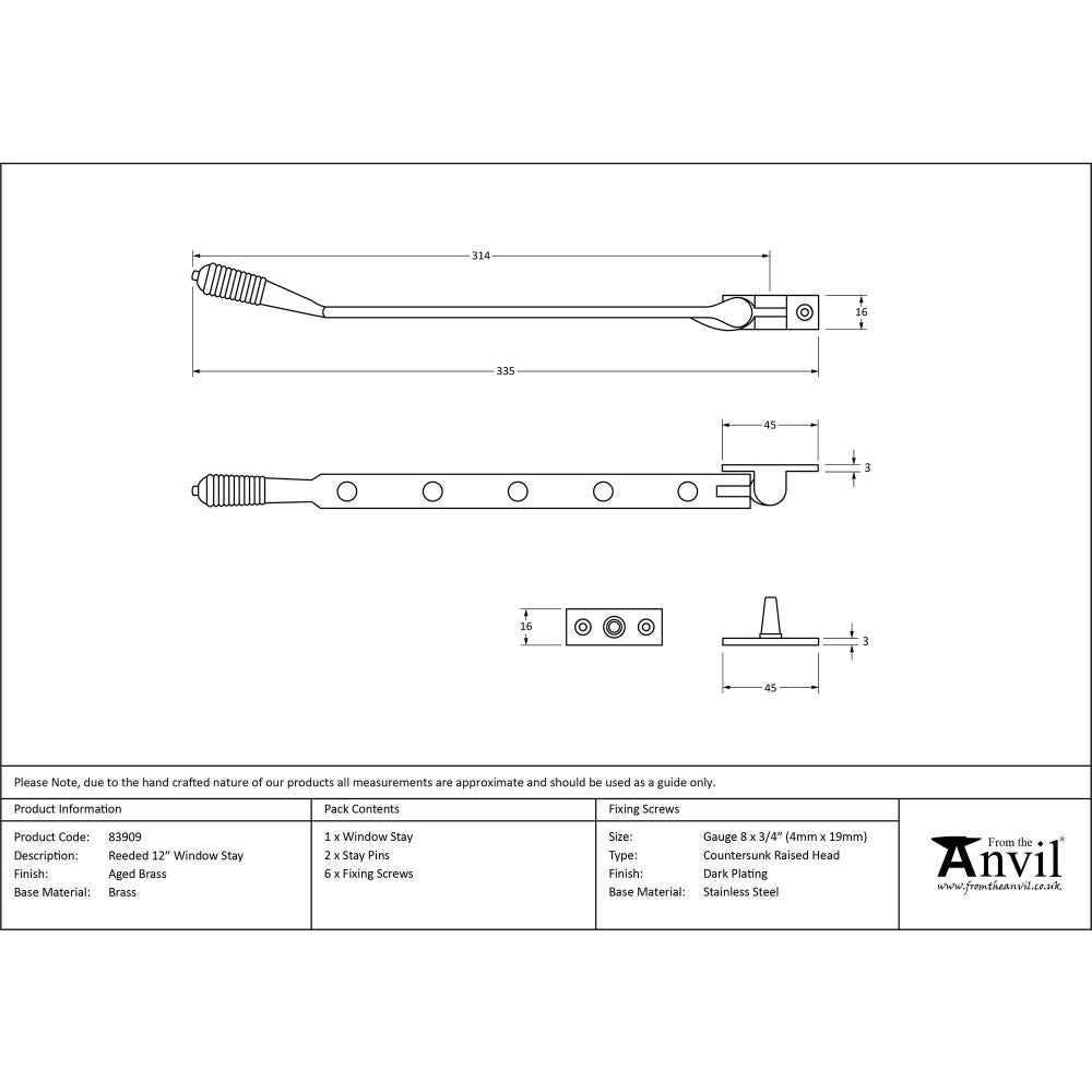 This is an image showing From The Anvil - Aged Brass 12" Reeded Stay available from T.H Wiggans Architectural Ironmongery in Kendal, quick delivery and discounted prices