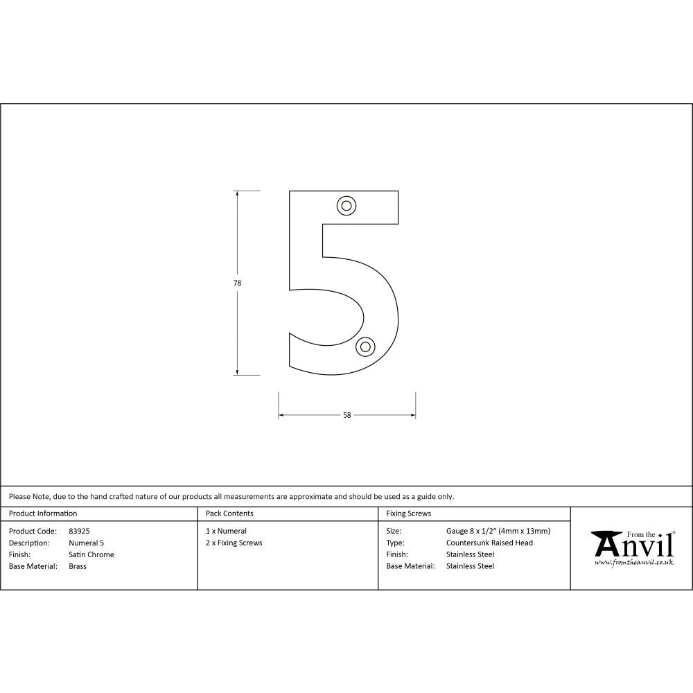 This is an image showing From The Anvil - Satin Chrome Numeral 5 available from trade door handles, quick delivery and discounted prices
