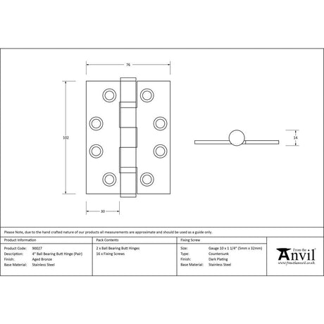 This is an image showing From The Anvil - Aged Bronze 4" Ball Bearing Butt Hinge (pair) ss available from T.H Wiggans Architectural Ironmongery, quick delivery and discounted prices