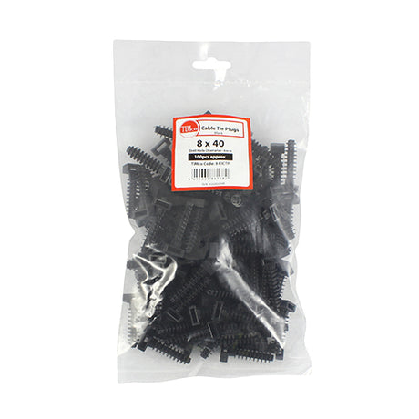 This is an image showing TIMCO Cable Tie Plugs - Black - 8.0 x 40 - 100 Pieces Bag available from T.H Wiggans Ironmongery in Kendal, quick delivery at discounted prices.
