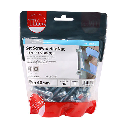 This is an image showing TIMCO Set Screws & Hex Nuts - Grade 8.8 - Zinc - M8 x 40 - 45 Pieces TIMbag available from T.H Wiggans Ironmongery in Kendal, quick delivery at discounted prices.