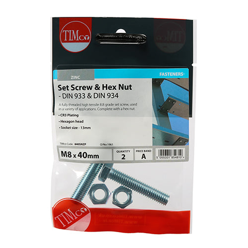 This is an image showing TIMCO Set Screws & Hex Nuts - Grade 8.8 - Zinc - M8 x 40 - 2 Pieces TIMpac available from T.H Wiggans Ironmongery in Kendal, quick delivery at discounted prices.