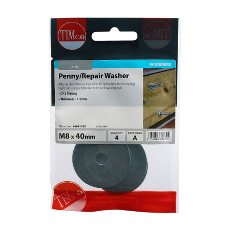 This is an image showing TIMCO Penny / Repair Washers - Zinc - M8 x 40 - 4 Pieces TIMpac available from T.H Wiggans Ironmongery in Kendal, quick delivery at discounted prices.