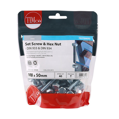 This is an image showing TIMCO Set Screws & Hex Nuts - Grade 8.8 - Zinc - M8 x 50 - 40 Pieces TIMbag available from T.H Wiggans Ironmongery in Kendal, quick delivery at discounted prices.