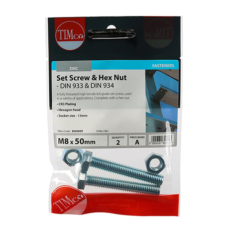 This is an image showing TIMCO Set Screws & Hex Nuts - Grade 8.8 - Zinc - M8 x 50 - 2 Pieces TIMpac available from T.H Wiggans Ironmongery in Kendal, quick delivery at discounted prices.