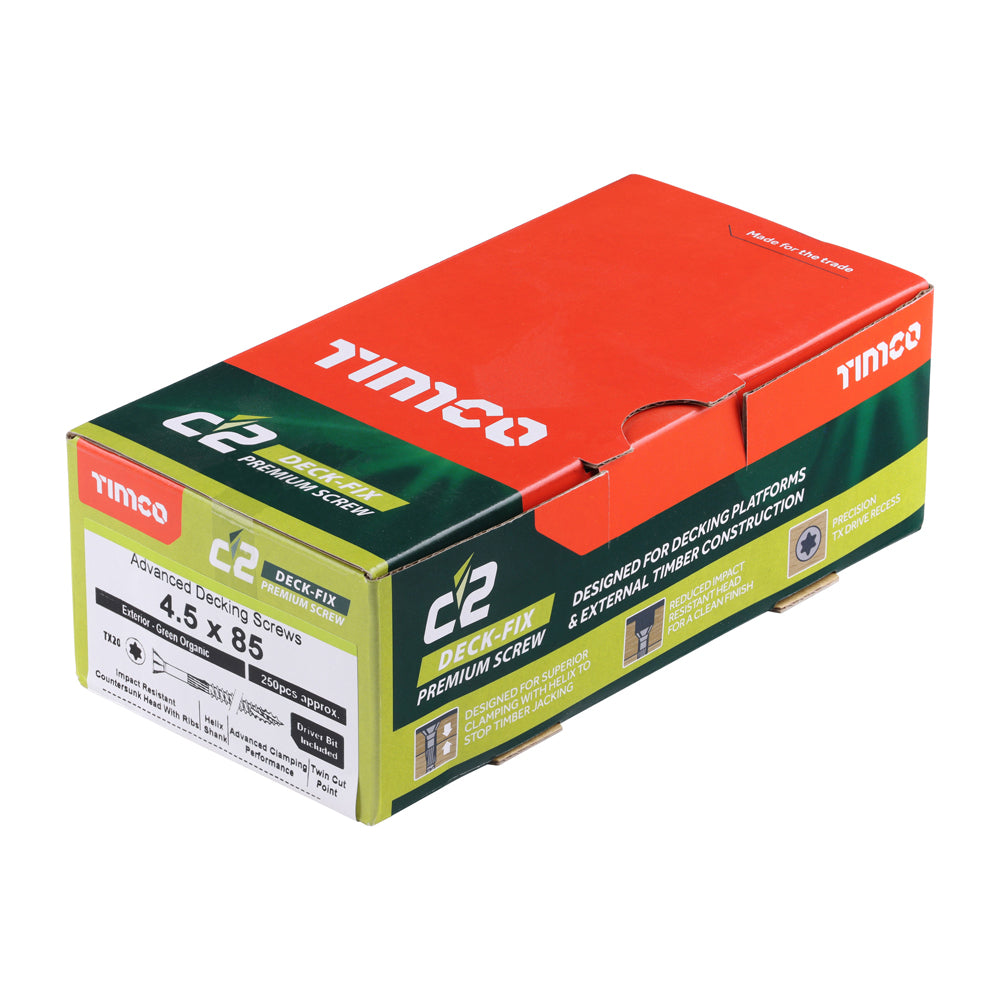 This is an image showing TIMCO C2 Deck-Fix - TX - Countersunk with Ribs - Twin-Cut - Green - 4.5 x 85  - 250 Pieces Box available from T.H Wiggans Ironmongery in Kendal, quick delivery at discounted prices.