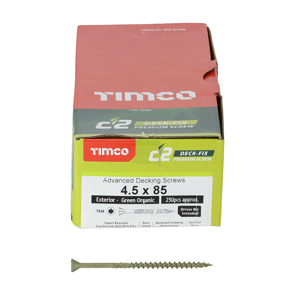 This is an image showing TIMCO C2 Deck-Fix - TX - Countersunk with Ribs - Twin-Cut - Green - 4.5 x 85  - 250 Pieces Box available from T.H Wiggans Ironmongery in Kendal, quick delivery at discounted prices.
