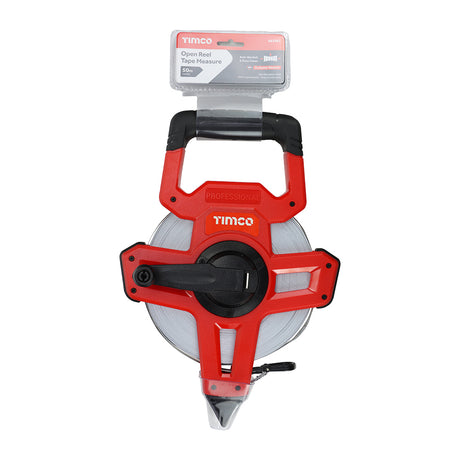 This is an image showing TIMCO Open Reel Tape Measure - 50m x 13mm - 1 Each Blister Pack available from T.H Wiggans Ironmongery in Kendal, quick delivery at discounted prices.