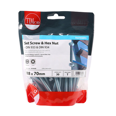 This is an image showing TIMCO Set Screws & Hex Nuts - Grade 8.8 - Zinc - M8 x 70 - 30 Pieces TIMbag available from T.H Wiggans Ironmongery in Kendal, quick delivery at discounted prices.