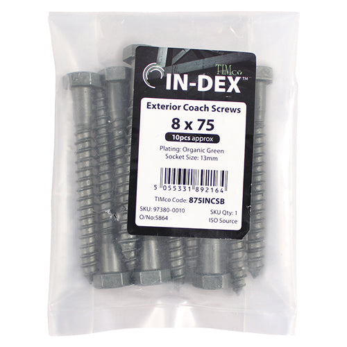 This is an image showing TIMCO Coach Screws - Hex - Exterior - Green - 8.0 x 75 - 10 Pieces Bag available from T.H Wiggans Ironmongery in Kendal, quick delivery at discounted prices.