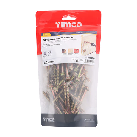 This is an image showing TIMCO Advanced Coach Screws - Hex Flange - Yellow - 8.0 x 80 - 48 Pieces TIMbag available from T.H Wiggans Ironmongery in Kendal, quick delivery at discounted prices.