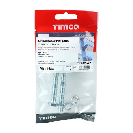 This is an image showing TIMCO Set Screws & Hex Nuts - Grade 8.8 - Zinc - M8 x 80 - 2 Pieces TIMpac available from T.H Wiggans Ironmongery in Kendal, quick delivery at discounted prices.