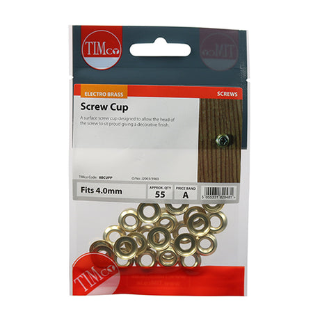 This is an image showing TIMCO Screw Cups - Electro Brass - To fit 8 Gauge Screws - 55 Pieces TIMpac available from T.H Wiggans Ironmongery in Kendal, quick delivery at discounted prices.