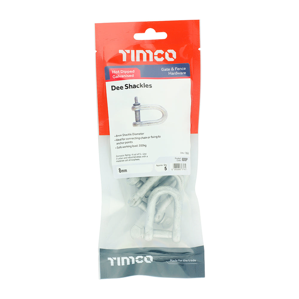 This is an image showing TIMCO Dee Shackles - Hot Dipped Galvanised - 8mm - 5 Pieces TIMpac available from T.H Wiggans Ironmongery in Kendal, quick delivery at discounted prices.
