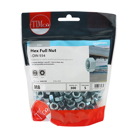 This is an image showing TIMCO Hex Full Nuts - Zinc - M8 - 300 Pieces TIMbag available from T.H Wiggans Ironmongery in Kendal, quick delivery at discounted prices.