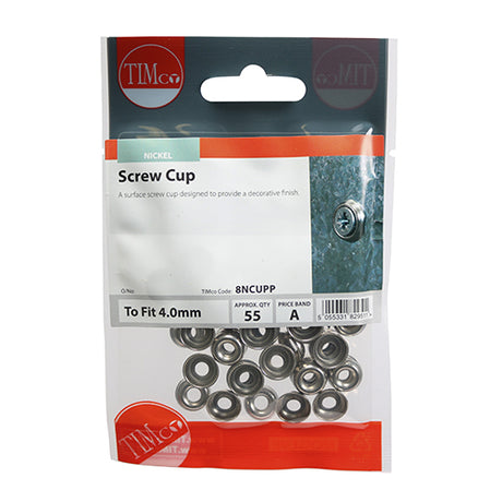 This is an image showing TIMCO Screw Cups - Nickel - To fit 8 Gauge Screws - 55 Pieces TIMpac available from T.H Wiggans Ironmongery in Kendal, quick delivery at discounted prices.