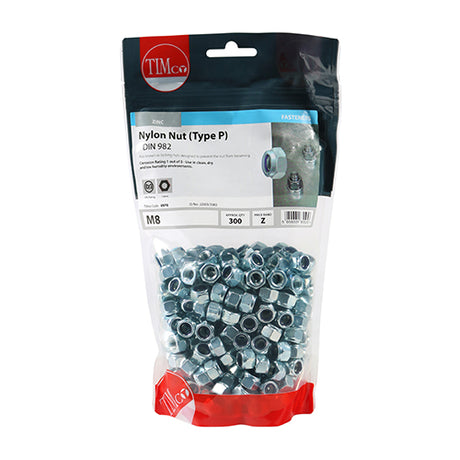 This is an image showing TIMCO Nylon Nuts - Type P - Zinc - M8 - 300 Pieces TIMbag available from T.H Wiggans Ironmongery in Kendal, quick delivery at discounted prices.