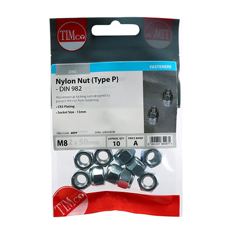 This is an image showing TIMCO Nylon Nuts - Type P - Zinc - M8 - 10 Pieces TIMpac available from T.H Wiggans Ironmongery in Kendal, quick delivery at discounted prices.