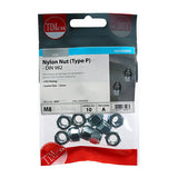 This is an image showing TIMCO Nylon Nuts - Type P - Zinc - M8 - 10 Pieces TIMpac available from T.H Wiggans Ironmongery in Kendal, quick delivery at discounted prices.