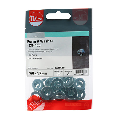 This is an image showing TIMCO Form A Washers - Zinc - M8 - 30 Pieces TIMpac available from T.H Wiggans Ironmongery in Kendal, quick delivery at discounted prices.