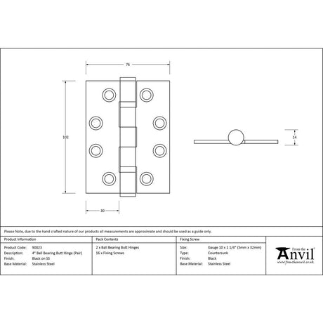 This is an image showing From The Anvil - Black 4" Ball Bearing Butt Hinge (Pair) ss available from T.H Wiggans Architectural Ironmongery, quick delivery and discounted prices