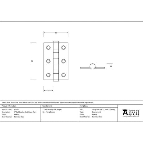 This is an image showing From The Anvil - Pewter 3" Ball Bearing Butt Hinge (Pair) ss available from T.H Wiggans Architectural Ironmongery, quick delivery and discounted prices