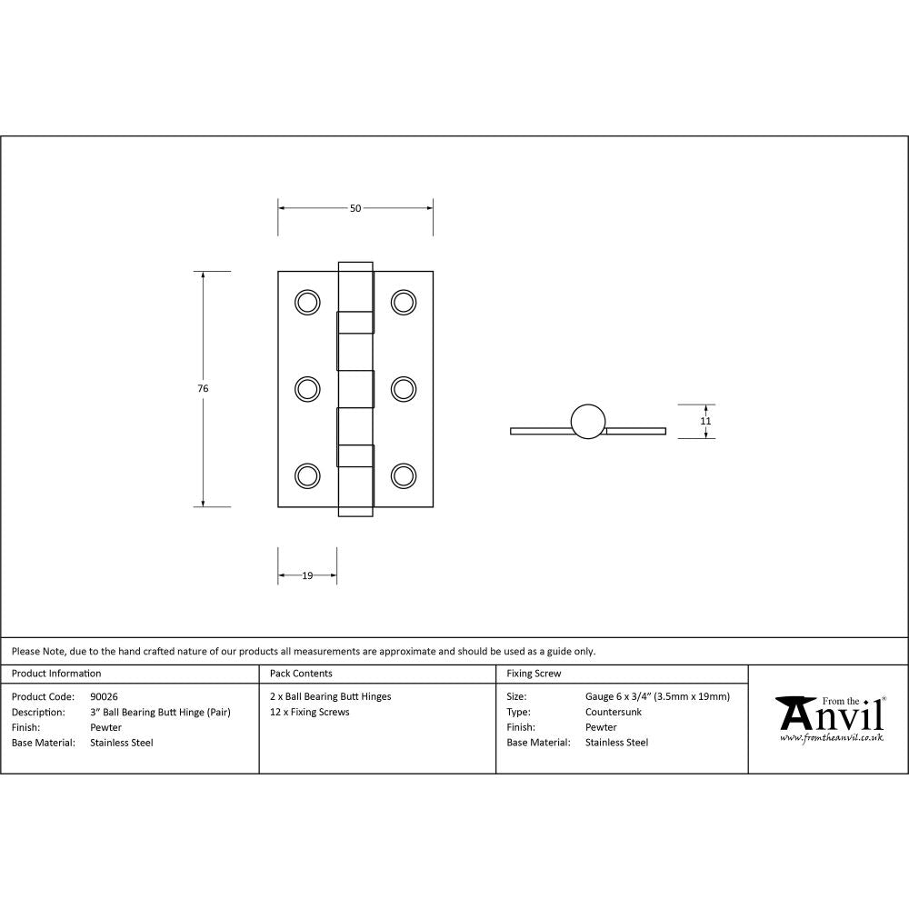 This is an image showing From The Anvil - Pewter 3" Ball Bearing Butt Hinge (Pair) ss available from T.H Wiggans Architectural Ironmongery, quick delivery and discounted prices