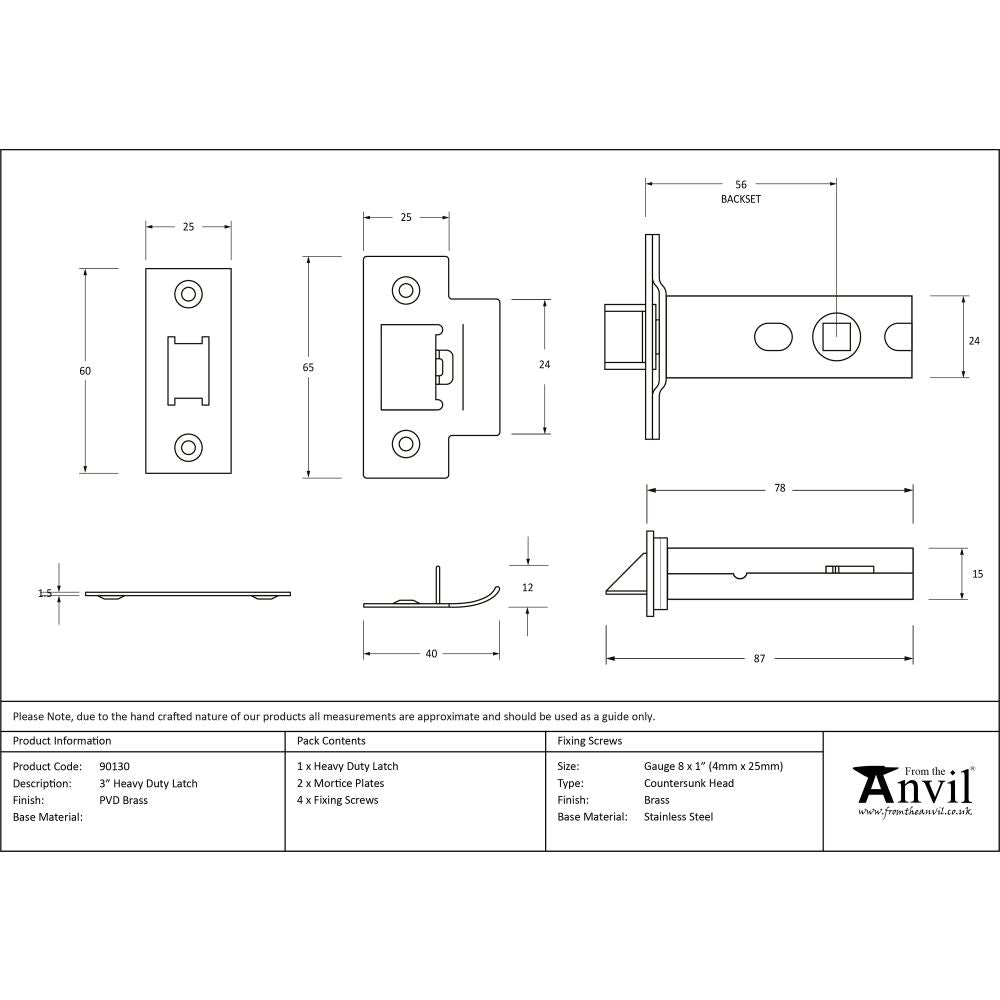 This is an image showing From The Anvil - PVD Brass 3" Heavy Duty Latch available from T.H Wiggans Architectural Ironmongery in Kendal, quick delivery and discounted prices